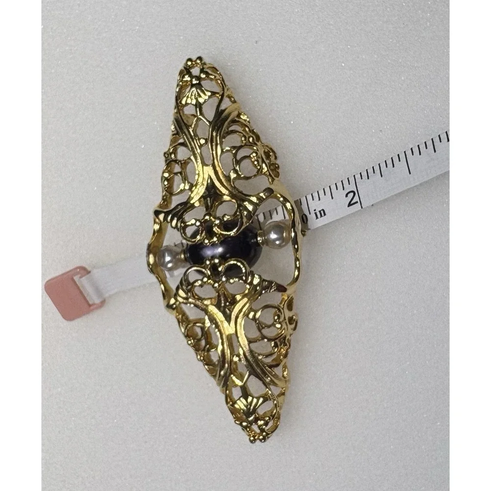 Vintage Napier 1980s Brooch Gold Filigree Faux Pearl Purple Cabochon Book Piece